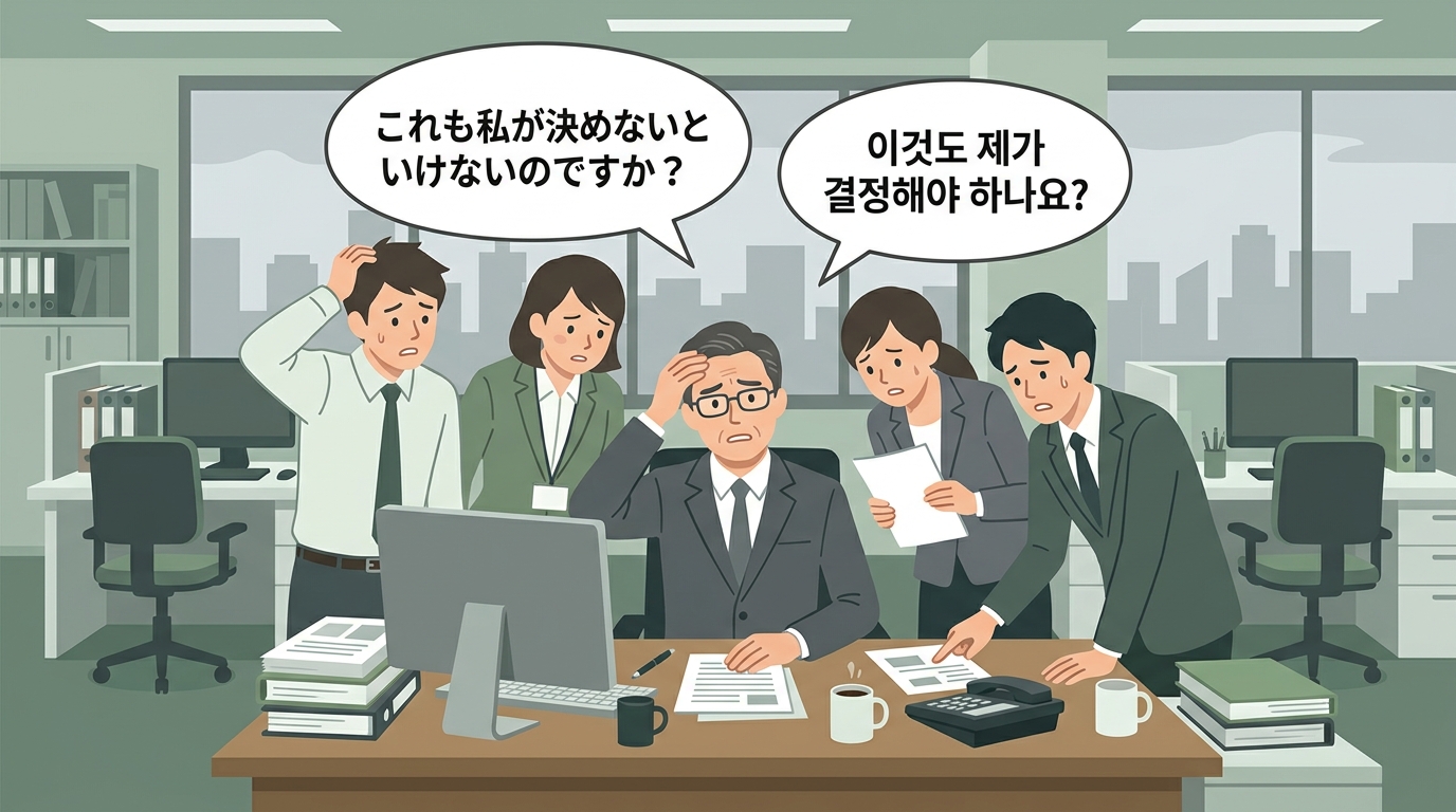 社内で韓国対応が一部の人物に集中し、チームが困惑しているビジネスシーンのイラスト
