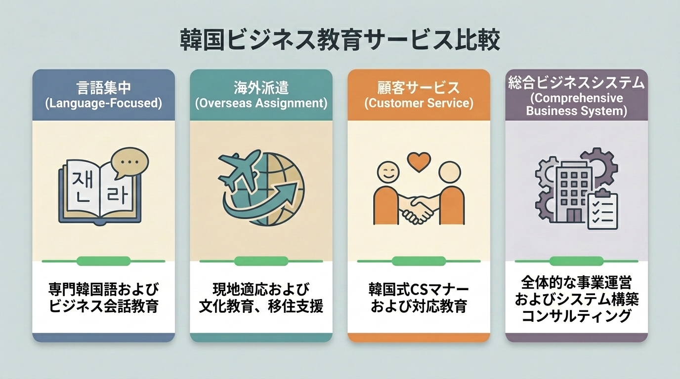 韓国ビジネス研修の4サービスを対象・目的ごとに比較整理した図解イラスト